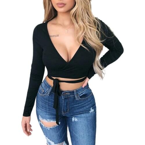 New Women Ladies Summer Casual Wrap Crop Top Sexy Deep V Neck Knot Front Long Sleeve Basic Tee Casual Strappy Blouse