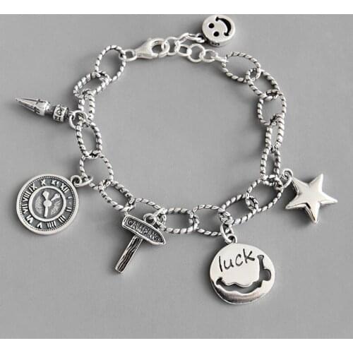 S925 Sterling Silver Smiley Bracelet For Women Retro Handmade Coin Tag Chain Female Bracelet Silver Jewelry