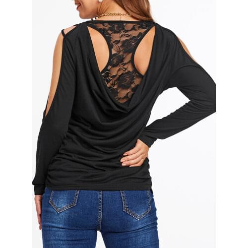 Wipalo Gothic Black Ladies Top Cold Shoulder Flower Lace Insert Faux Twinset T-Shirt Women Causal 2 In 1 Tee Streetwear 3XL