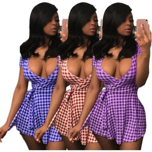 Women Dress Short Sleeve V-neck Plaid Print Mini Dresses with Sashes Office Lady Sexy High Street Fashion Clothign Summer 2021