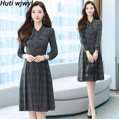 2021 Elegant Vintage Office Lady Dress Autumn Winter Fashion Chiffon Long Sleeve Midi Vestidos Women Bodycon Casual Beach Dress