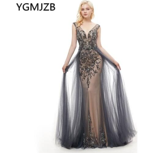 Evening Dresses Long 2019 Mermaid V-Neck Glitter Crystal Bead Sequins Backless Prom Gown Women Formal Party Dress Abendkleider