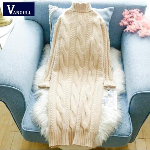 Vangull Knitted Turtleneck Women Dress 2021 Autumn Winter Twist Strench Pullover Dress Female Long Sleeve Knee-Length Dress