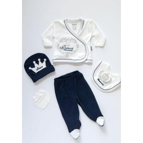 Baby boy Navy Blue Prince Printed 5 Piece Hospital Output Set Soft 100% Cotton Baby Gift Hospital Outfit Baby Set 0-3 months