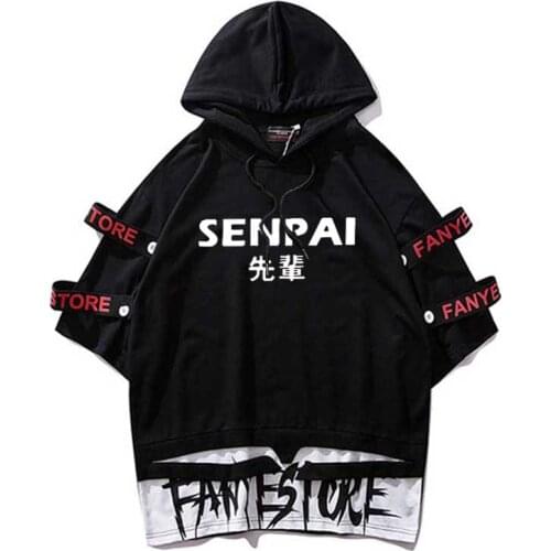 Ribbon T Shirts SENPAI Hooded Short Sleeve tshirts hip hop Casual Oversize top tees Streetwear homme tees wholesale men clothes