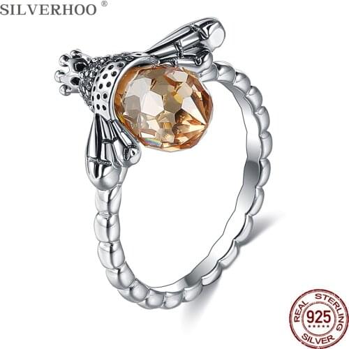 SILVERHOO S925 Sterling Silver Ring For Women Yellow Austria Crystal Fine Jewelry Luxury Bee Female Rings Wedding Gift To Friend