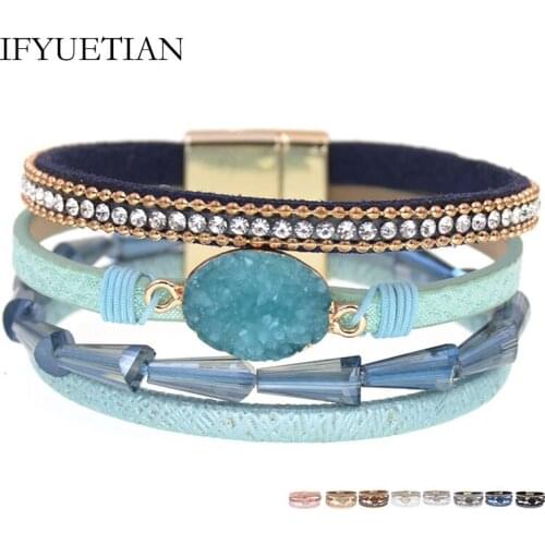 IFYUETIAN charm leather bracelets for women Fashion crystal Boho Multilayer Wide Wrap Magnet Bracelet Female Jewelry wholesale