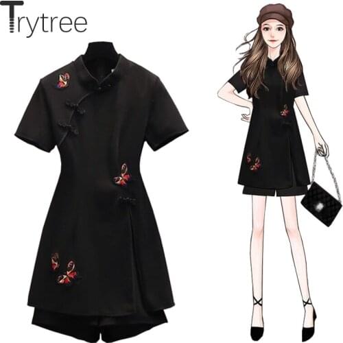 Trytree Summer Women Two Piece Set Casual Vintage Embroidery Butterfly Chinese Style Long Tops + Wide Leg Shorts 2 Piece Set
