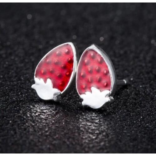 Shuangshuo 925 Sterling Silver Trendy Korean Fashion Strawberry Stud Earring Colorful Fruit Plant Ear Stud for Girl Jewelry Gift