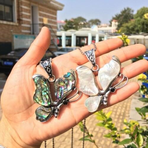 Natural Pearl Necklace Butterfly Pendant Abalone Long Sweater Chain Free Tibetan Silver Round Bead Long Necklace