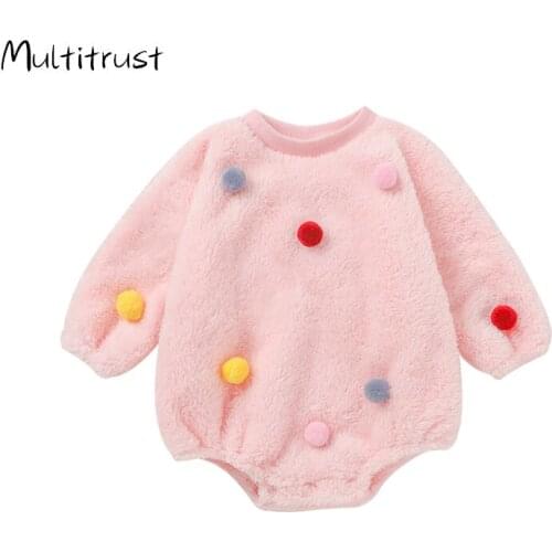 2020 Autumn Winter Newborn Baby Girls Boys Bodysuits Fur Balls Long Sleeve Pullover Warm Jumpsuits 0-24M
