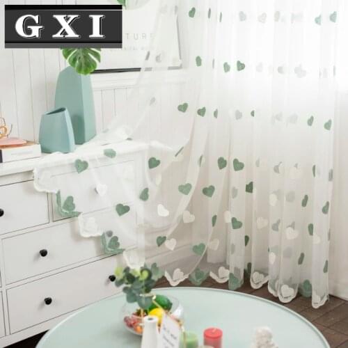 GXI Embroidered Love Heart Sheer Curtains For Living Room Green Lace Curtain Girls Bedroom Wedding Decor Short Kitchen Panels