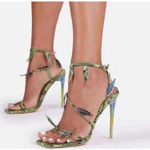 Summer new green snake pattern color matching square toe stiletto high-heeled sandals female wild banquet dress large size shoes
