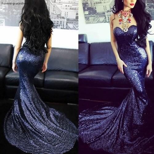 Navy Blue Sequined Evening Dress Mermaid Sweetheart Sleeveless Party Gown