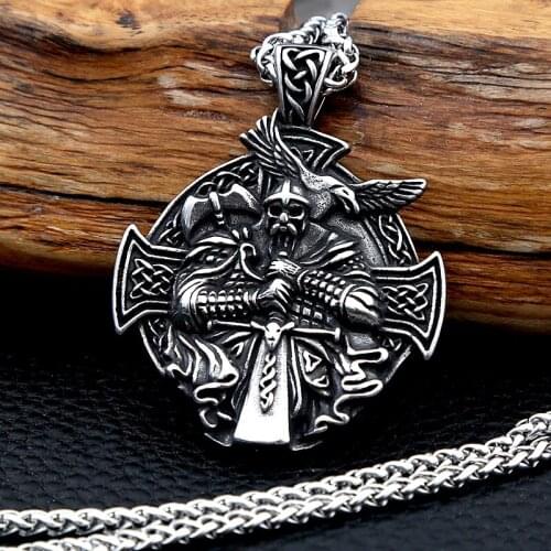 Punk Men Antique Silver Color Viking Odin Anchor Necklace Norse Amulet Pendant Crow Celtic Cross Stainless Steel Chain Jewelry