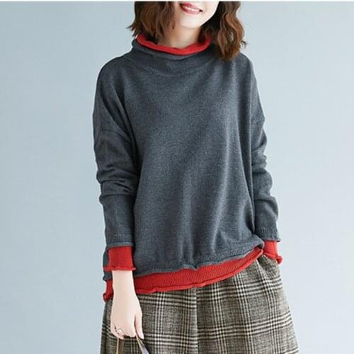 2021 Turtleneck Pullovers Batwing Sleeve Women Warm Sweater Patchwork Long Sleeve 2021 New Autumn Loose Knitwear Jumper Tops