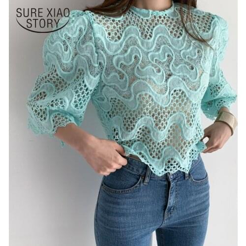 Summer Loose Lace Blouse Women Hollow Out Sweet Water Ripple Short Shirt Blusas Mujer Short Sleeve O Neck Slim Tops Female 15667