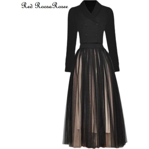 Red RoosaRosee Fashion Autumn Women Turn-down Collar Long Sleeve Short Blazer + Elegant Midi Mesh Skirt Twinset Suit Female Sets