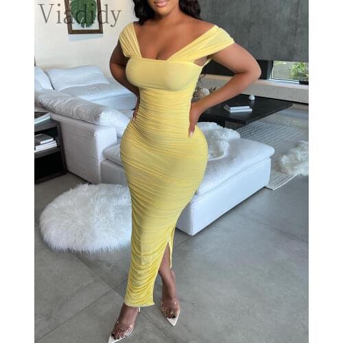 Women Solid Color High Slit Ruched Skinny Maxi Dress Square Neck Solid Color Pleated Dresses