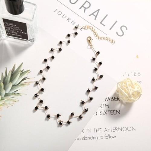Golden Stick Connecting Simulated Pearls & Black Crystal Beads Branch Choker Women Fashion Necklace