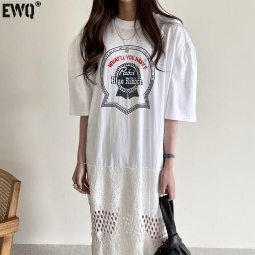 [EWQ] 2021 New Elegant Temperament Gentle Solid Color White O-neck Printing Stitching Hollow Embroidery Irregular Dress 16F1333