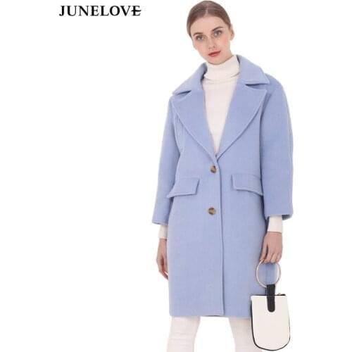 JuneLove 2017 New wool long thick coat jacket Women warm winter turn-down Blends coat Casual Long Outerwears for ladies