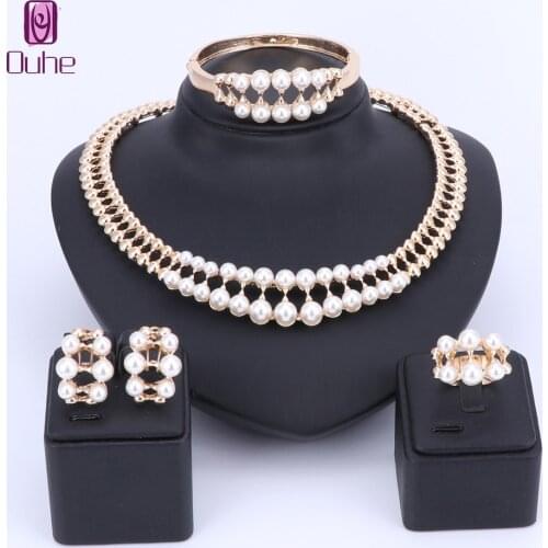 Gold Color Vintage Jewellery Sets Fashion Hollow Water Drop With Imitation Pearl Jewelry Sets For Women Wedding Party