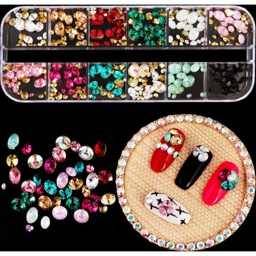 1Box Mixed size color 3D Nail Art Decorations Non Hotfix Flat back Crystal Rhinestones For Nails Diy