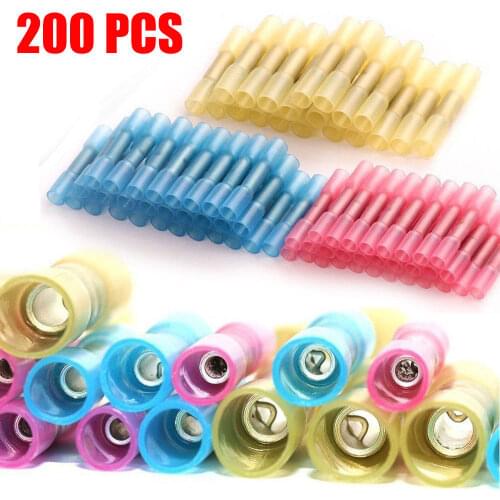 200Pcs Insulated Heat Shrink Butt Wire Connectors AWG 22-10 0.5-6.0mm2 Waterproof Crimp Connector Automobile Wire Cable Terminal