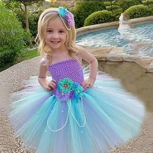 2022 New Girls Flower Tutu Dress Baby Fluffy 2Layers Tulle Ballet Tutus Crochet Peacock Dress with Headband Kids Party Clothes