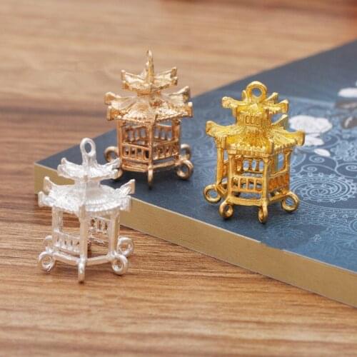 5 PCS 24.5*30mm Vintage Metal Alloy KC Gold Silver Color Small Pavilion Pendant Connectors Charm DIY Jewelry Accessories