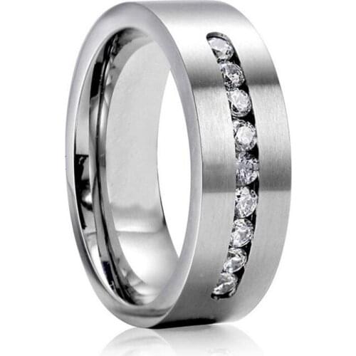 8mm Men Titanium Steel Wedding Ring With Nine Large Channel Sets of Cubic Zirconia CZ Stone for Men Wedding Anniversary Jewelry