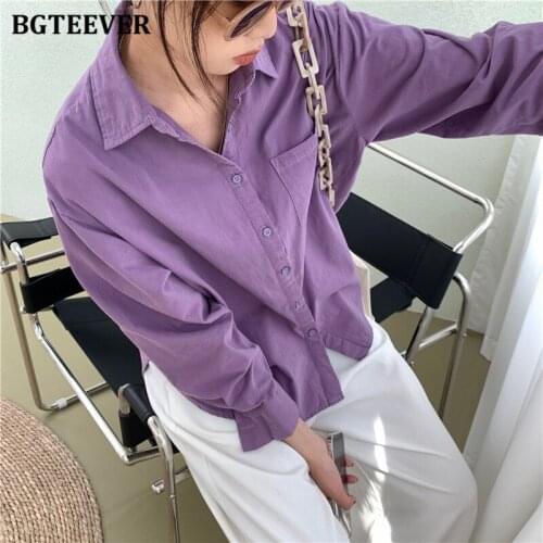 BGTEEVER 2021 Autumn Turn-down Collar Ladies Solid Shirts Long Sleeve Loose Pocket Female Blouses Vintage Women Tops Blusas