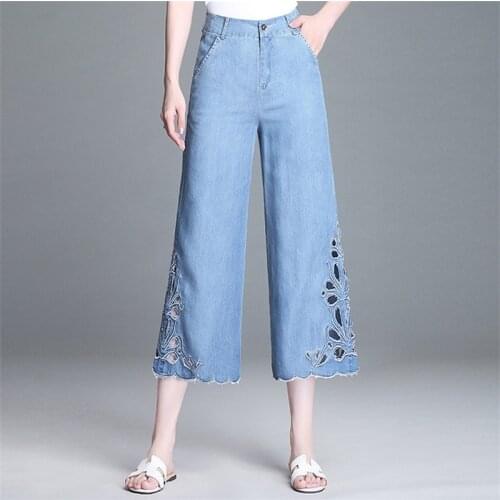 Fashion Casual Hollow denim wide leg pants female summer new thin section Tencel loose straight pants jeans cropped trousers