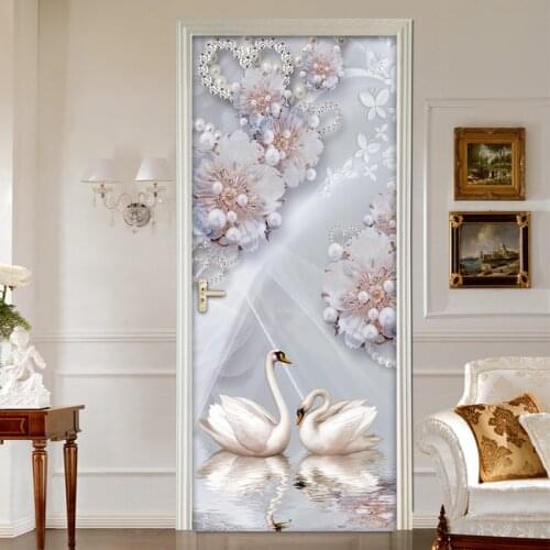 3D Creative DIY Self-adhesive Door Sticker Jewelry Flowers Swan 3D Photo Wallpaper For Living Room Bedroom Door Mural Stickers