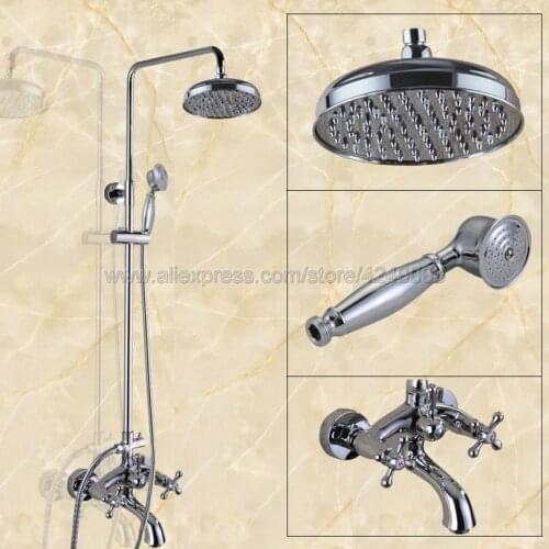 Chrome Finish Rain Shower Set Faucet 8" Rainfall Shower Head W/ Hand Shower Spray Mixer Tap Wall Mounted Kcy355