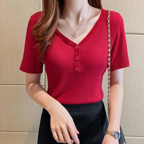 Vintage T Shirt Women Summer Shirt V neck Button Knitted Basic Tshirt Solid color Black White Red Ladies Top Casual Short sleeve