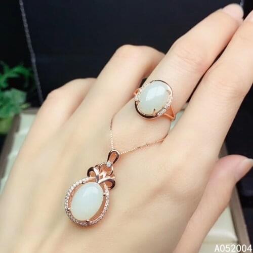 KJJEAXCMY Fine Jewelry 925 sterling silver inlaid natural white jade female ring pendant set trendy Support detection
