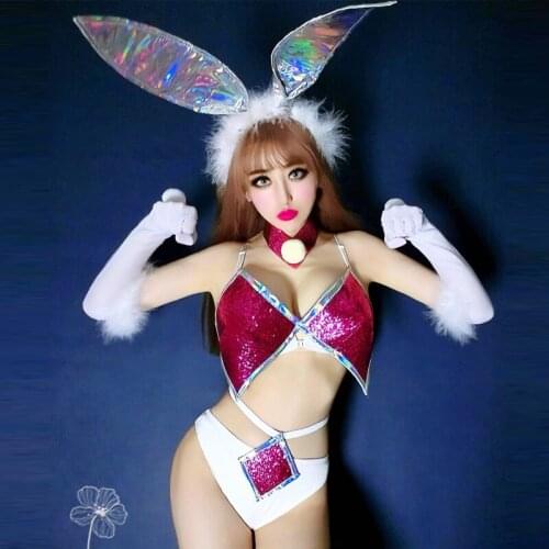 Stage Perform Costumes Nightclub Bar DJ Female Singers Cute Rabbit Headdress Bikini Suit Halloween Cosplay Party Costume DWY4524