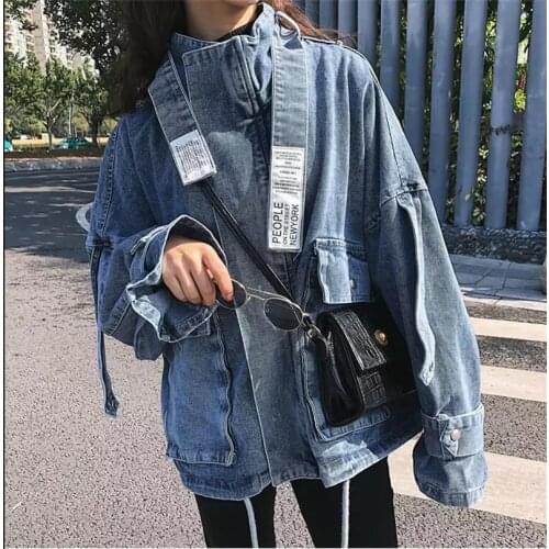 Korean Autumn Fashion Plus Size Women Denim Coat Loose Long Sleeve Zipper Harajuku Streetwear Pocket Blue Modis Jeans Jacket