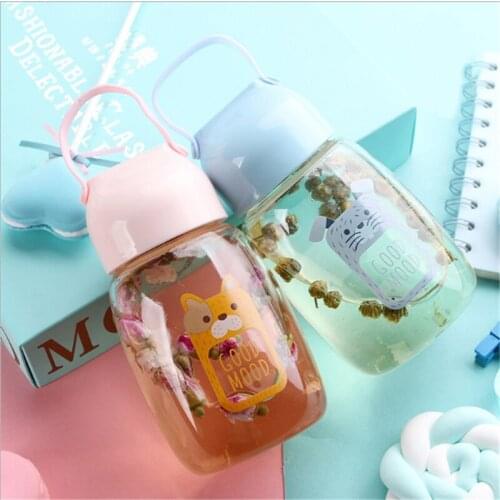 320 ML Cute Water Bottle With Cartoon Pattern Portable Water Bottle With Rope Popular Korean Glass Water Bottle Kid Gift