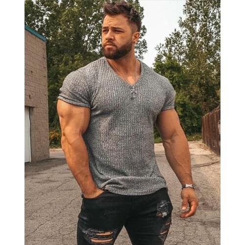 Fashion V Neck Short Sleeve T Shirt Men Fitness Slim Fit Strips T-shirt Male Solid Sports Tees Tops Summer Knitted Gym Clothing