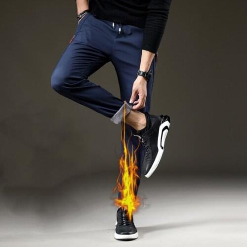 Mens Warm Pants for Winter Korean Slim Fit Fleece Lined Trousers Skinny Stretch Trousers Male Casual Elastic Waist Fashion Young