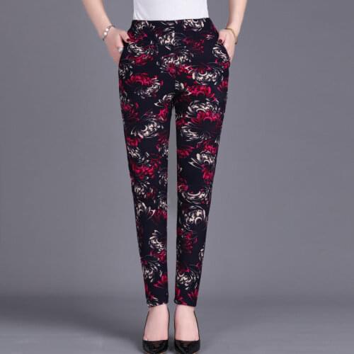 Women 2021 Winter New Middle-aged Mother Cotton Trousers Female Plus Velvet Warm Leggings Ladies High Waist Print Pants E467