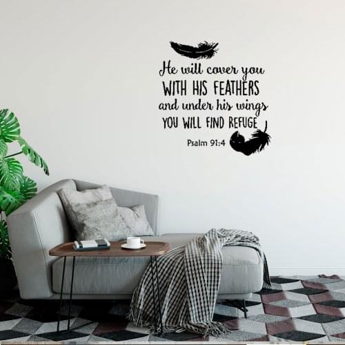 Newly Arrivals Psalm 91:4 Bible Verse Wall Sticker Decal Bedroom Decor He Will Cover You With...Vinyl Quotes Wallpaper DW6074