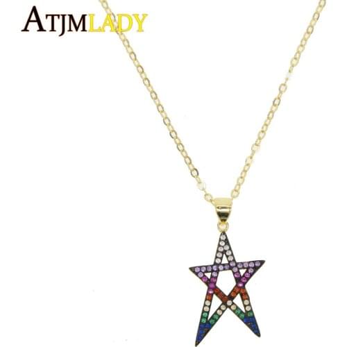 Collares Choker Kolye 2019 Latest Color Plated Hollow Star Pendant Colorful Cz Paved Rainbow David Charm Necklaces For Women