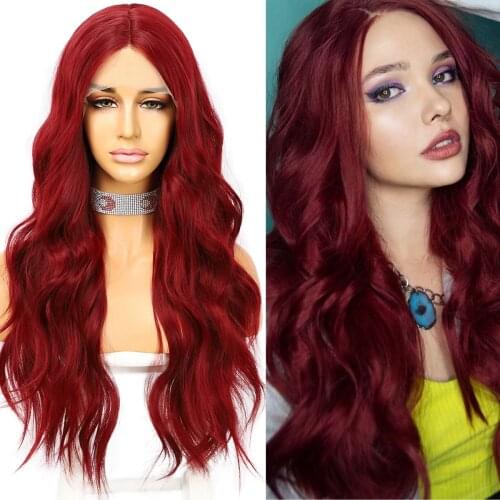 Krismile Dark Red Synthetic Lace Wigs Long Natural Wave T Middle Part Wig Party Cosplay Daily for Women Wear Heat Resistant