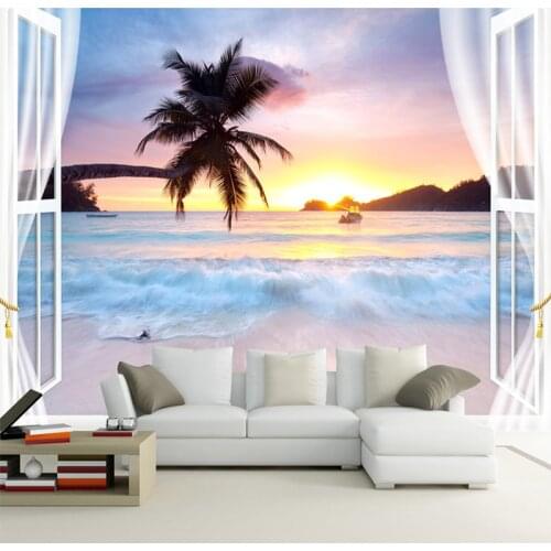 Custom Any Size Mural Wallpaper 3D Seaside Landscape Coconut Tree Window Wall Painting Living Room TV Sofa Waterproof 3D Sticker
