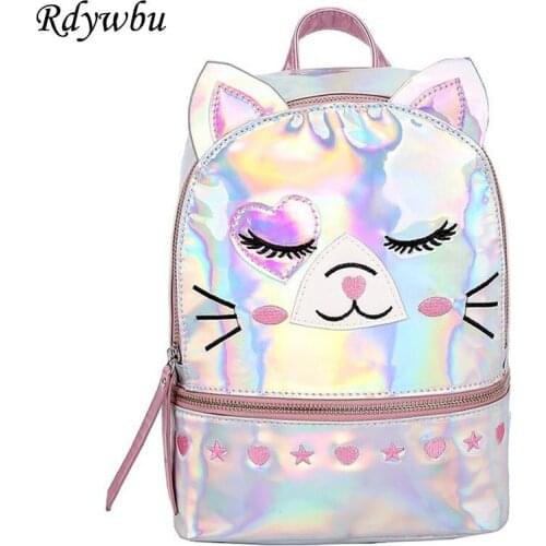 Rdywbu Cute Cat Laser Hologram Backpack Teenager Girls PU Leather Cartoon School Backpack Big Capacity Zippered Travel Bag B742