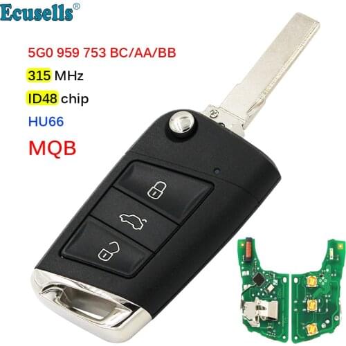 MQB System Smart Remote Key 315Mhz ID48 Chip for Volkswagen VW Golf 7 Tiguan 2014-2018 FCC: 5G0 959 753 BC/AA/BB with HU66